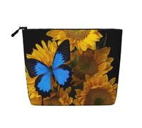 Yellow Sunflowers with Blue Butterflies Printed Make up Bag for Women Makeup Bags Zipper Travel Cosmetic Bags Pouch Organizer
