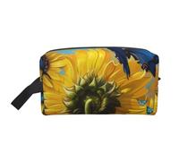 Yellow Sunflowers with Blue Butterflies Printed Makeup Bag Large Travel Cosmetic Bags Waterproof Cosmetic Case Toiletry Bag Organizer for Women Mom Girls