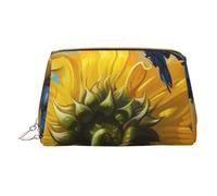 Yellow Sunflowers with Blue Butterflies Printed Small Makeup Bag Portable Leather Make up Bag Travel Zipper Cosmetic Bags Organizer for Women