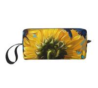 Yellow Sunflowers with Blue Butterflies Printed Travel Makeup Bag Portable Cosmetic Bag Makeup Case Toiletry Handbag Organiser for Women