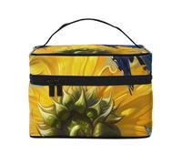 Yellow Sunflowers with Blue Butterflies Printed Travel Makeup Bag Spacious Portable Cosmetic Organiser with Handle, Large Capacity Toiletry Bag, Gift for Women Girls