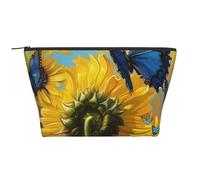 Yellow Sunflowers with Blue Butterflies Printed Travel Makeup Bag Trapeze Cosmetic Bag Makeup Case Toiletry Bag Organiser for Women