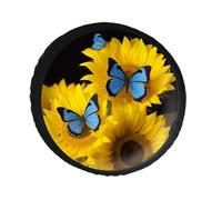 Yellow Sunflowers with Blue Butterflies Spare Tire Cover PVC Leather Spare Wheel Cover Dustproof Waterproof Jeep Tire Cover for 30inch Camper, RV Trailer, Truck, SUV Fit Diameter 28-34 Inch
