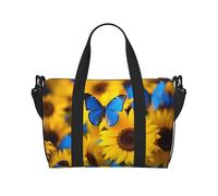 Yellow Sunflowers with Blue Butterflies1 print Gym Bag for Women,Carry on Weekender Overnight Duffle Bag,Personal Item Tote Bag, Black, One Size