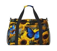 Yellow Sunflowers with Blue Butterflies2 print Carry on Luggage for Women Men Shoulder Weekender Crossbody Bag for Yoga Travel Must Haves, Black, One Size