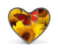 Yellow Sunflowers with Red Butterfly Heart Shape Lapel Pin Personalized Pinback Button Badges Retro Punk Button Pin Kawaii Heart Badges for Men Women Clothes Bags Hats & Gift