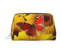 Yellow Sunflowers with Red Butterfly Makeup Bag for Women Cosmetic Bags Leather Travel Makeup Case Organizer Waterproof Make up Pouch Open Flat Toiletry Bag Portable Storage Pouch for Travelling