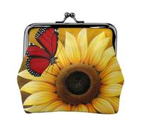 Yellow Sunflowers with Red Butterfly Print Coin Purse for Women Cute PU Leather Kiss-lock Change Purse Wallet, Black, One Size, Pattern