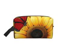 Yellow Sunflowers with Red Butterfly Print Toiletry Bag Portable Travel Wash Bag Water-Resistant Gym Shaving Organiser Bag, Shower Bathroom Makeup Bag with Handle for Men and Women