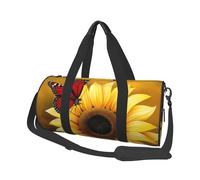 Yellow Sunflowers with Red Butterfly Print Travel Duffel Bag Large Foldable Round Travel Carry on Bag with Adjustable Shoulder Strap for Weekender Overnight Flight Hospital Sports