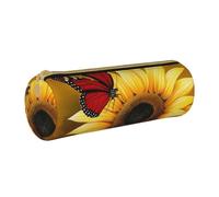 Yellow Sunflowers with Red Butterfly Printed Leather Pencil Case Round Pen Pencil Pouch Office Large Pencil Bag Stationery Box for Men Women Teens Students