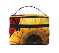 Yellow Sunflowers with Red Butterfly Printed Travel Makeup Bag Spacious Portable Cosmetic Organiser with Handle, Large Capacity Toiletry Bag, Gift for Women Girls