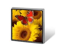 Yellow Sunflowers with Red Butterfly Square Lapel Pin for Men Women Personalized Lapel Badge Metal Brooch Printed Aluminum Alloy Memorial Pins for Backpack Clothing Decoration Business