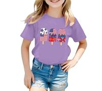 Yellow T Shirts for Girls UK Patriotic Short Sleeve Shirts Independence Day Flag Print Tee Comfortable Casual Summer Crop Tops for Toddler Kids (D-Purple, 13-14 Years)