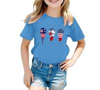 Yellow T Shirts for Girls UK Patriotic Short Sleeve Shirts Independence Day Flag Print Tee Comfortable Casual Summer Crop Tops for Toddler Kids (A-Sky Blue, 13-14 Years)
