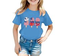 Yellow T Shirts for Girls UK Patriotic Short Sleeve Shirts Independence Day Flag Print Tee Comfortable Casual Summer Crop Tops for Toddler Kids (D-Sky Blue, 9-10 Years)