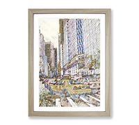 Yellow Taxi Cab New York City Modern Bg Framed Print | A2 Oak Framed Wall Art | Ready to Hang | Modern Cityscape Picture | Living Room Bedroom Lounge Office