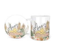 Yellow Teddy Pooh Classic Vintage Bear Wildflower Name Personalised Personalized Ceramic Coffee Mug 11oz Durham Tea Mug Gift Set Round Square Coaster Cup Handle Dishwasher Safe Custom Printed Design
