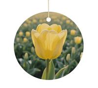 Yellow Tulip Double-Sided Ceramic Christmas Ornaments - Round Hanging Mini Xmas Tree Decorations, Ideas for Farmers, Rustic Home Decor for Indoor Outdoor Tree Decor