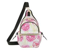 Yellow Tulips Pink Peony Flowers Crossbody Bag Shoulder Bag, Polyester Sling with Magnetic Front Pocket and Side Pockets