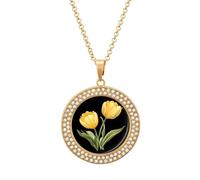 Yellow Tulips Women's Necklaces Round Crystal Pendant Jewelry Party Wedding