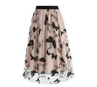 Yellow Tulle Skirts for Women UK Long Pleated Skirts A Line Midi Mesh Flowers Butterfly Embroidery Skirt Elasticated Waist Skirt Vintage Swing for Ballet Prom Party