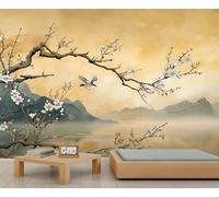 Yellow Tune Landscape Mural Plum Branch Landscape Wallpaper Chinese Classical Wall Mural Large Panoramic Accent Wallpaper Bedroom Living Room 3D Sofa Backdrop (Non-self-Adhesive)