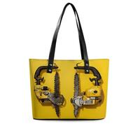 Yellow Two Chainsaws Tote Bag Large Soft Leather Purse with Zipper Lightweight Ladies Shoulder Handbag
