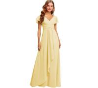 Yellow V Neck Chiffon Bridesmaid Dresses for Women Long Short Sleeves A Line Formal Wedding Guest Party Dress with Pockets 18