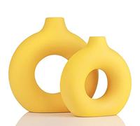 Yellow Vase Decor Donut Vase Set of 2 - Circle Hollow Vases, Modern Matte Ceramic Vases for Entryway Living Room Bedroom Dining Table Centerpiece Office Home Decor