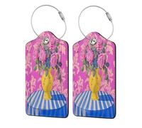 Yellow Vase with Pink Roses On Table Luggage Tag for Suitcase 2 Pack Leather Luggage Tag with Privacy Flap Name Id Label and Metal Loop for Women Men Travel