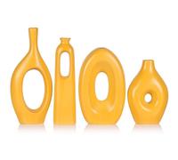 Yellow Vases Home Decor - 4-Piece Round Hollow Boho Yellow Ceramic Vase for Pampas Grass Decor, Modern Small Flower Vases for Living Room, Dining Table, Office, Wedding, Fireplace Decor