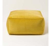 HOMESCAPES Mustard Yellow Velvet Pouffe Cube 60 x 60 cm Square Bean Bag with 100% Cotton Velvet Cover & Piped Edging Large Plush Footstool for Living Room