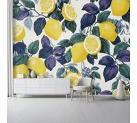 Yellow Vintage Illustration Print Mural Wallpaper, 200x140cm | Plant Vine Leaf Fruit Lemon Pattern HD Non-Woven Wall Mural, Yellow for Bedrooms, Home Decor Photo Wallpaper