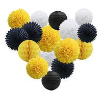 Yellow White Black Party Decorations 16pcs Paper Pom Poms Honeycomb Balls Lanterns Tissue Fans for Bee Day Party Batman Birthday Graduation Baby Shower