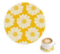 Yellow White Flowers Anti Stain Teacup Coaster 4 Pack, Bright Daisy Flower Cork Back Coasters for Table, Outdoor Cup Mat Home Decor, Gift for Work Colleagues Grandad, 4 Inch
