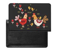 Yellow White Red Chicken Rooster on Black Women's Passport Protector, Men's Passport Protector, PU Travel Passport Protector for Women Men Worker 5.8 x 3.9 x 0.4 inch