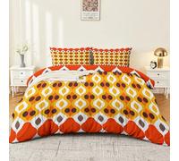 Yellow White Reversible Durable Duvet Cover - Retro 70S Geometric Printed Easy Care Bedding 3 Piece Set, Super King Size Soft Lightweight Quilt Cover Set with Zipper