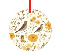 Yellow Wildflower Christmas Ornaments Round Glass Decorations Autumn Bird Tree Decorative Hanging Pendant for Xmas Home Office Party Holiday