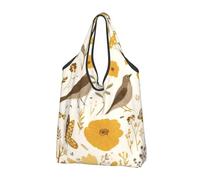Yellow Wildflower Foldable Shopping Bag Reusable Grocery Bags Autumn Bird Portable Travel Pounch for Camping Daily Use