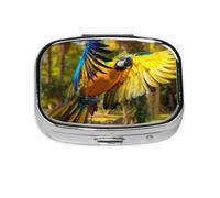Yellow Wings Blue Parrot Convenient and Stylish Square Pill Box â€“ Full Print Metal Coated Pill Case, Portable and Easy to Open, Perfect for Travel and Everyday Use