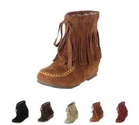 Yellow Women's Fringe Western Cowgirl Boots Wide Fit Ankle Boots Cowboy Boot, Pull on Vintage Boho Suede Moccasins Shoes Moccasin Short Booties Footwear UK 7