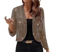 Yellow Women's Glitter Mesh Sequin Bolero Jacket - 3/4 Sleeve Open Front Cropped Cardigan, Ideal for Evening Cocktail Events, Size XL dark brown