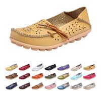 Yellow Women's Loafers & Moccasins Comfort Wide Fit Walking Cute Flat Loafer Flower Hollow Out Soft Cowhide Leather Loafer Flat Shoes Slip-Ons Ladies Loafers Slippers Footwear UK Size 4.5