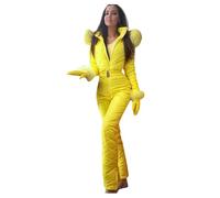 Yellow Womens One Piece Snowsuit,Waterproof Windproof Suits Outdoor Warm Outfits Clothes Long for Winter Insulated Rompers with Belts Gloves Set of Three