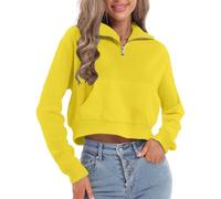 Yellow Womens Quarter Zip Pullover Cropped Sweatshirt Long Sleeve Stand Up Lapel Collar Thermal Jumpers with Pockets Teen Girls Fashion Y2K Outdoor Streetwear Solid Color Short Style Outfits