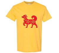 (Yellow, XL) Chinese Red Silhouette Lucky Fortune Wealth Bitch Dog Men T Shirt Tee Top
