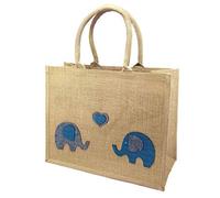 Yellowboots Large Jute Shopping Bag - Elephants in Love - 32cm high x 42cm Wide x 18cm Depth (Natural)