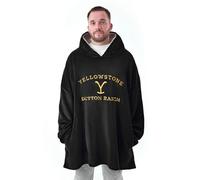 Yellowstone Dutton Ranch Mens Wearable Blanket Hoodie | Adults Hooded Pullover Fleece in Black with Yellowstone Embroidered Logo | Sherpa Lined Loungewear with Pockets | American TV Series Merchandise