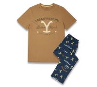 Yellowstone Mens Pyjama Set | Adults Dutton Ranch Tan Short Sleeve Graphic Tee & Navy All Over Print Long Leg Bottoms PJs | Wear the Brand Western TV Show Apparel | Logo Merchandise Gift for Him